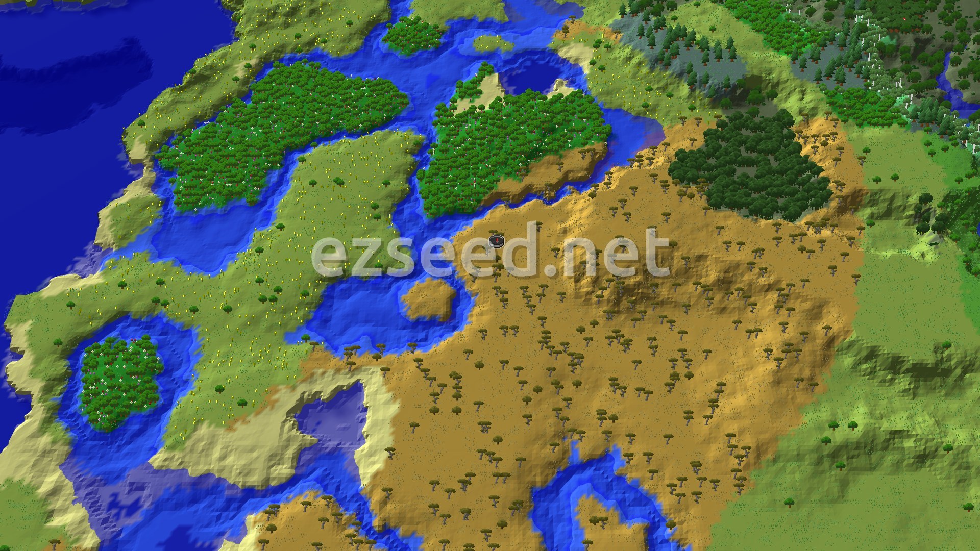 An aerial view showing a vast savanna with scattered acacia trees, bordered by water and patches of forest.