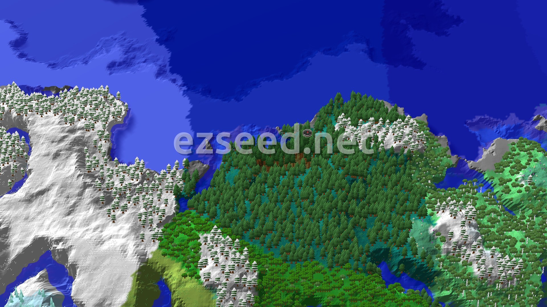 A bird's-eye view of a Taiga forest with snow-capped mountains and a large body of water nearby, with a small spawn marker in the center.