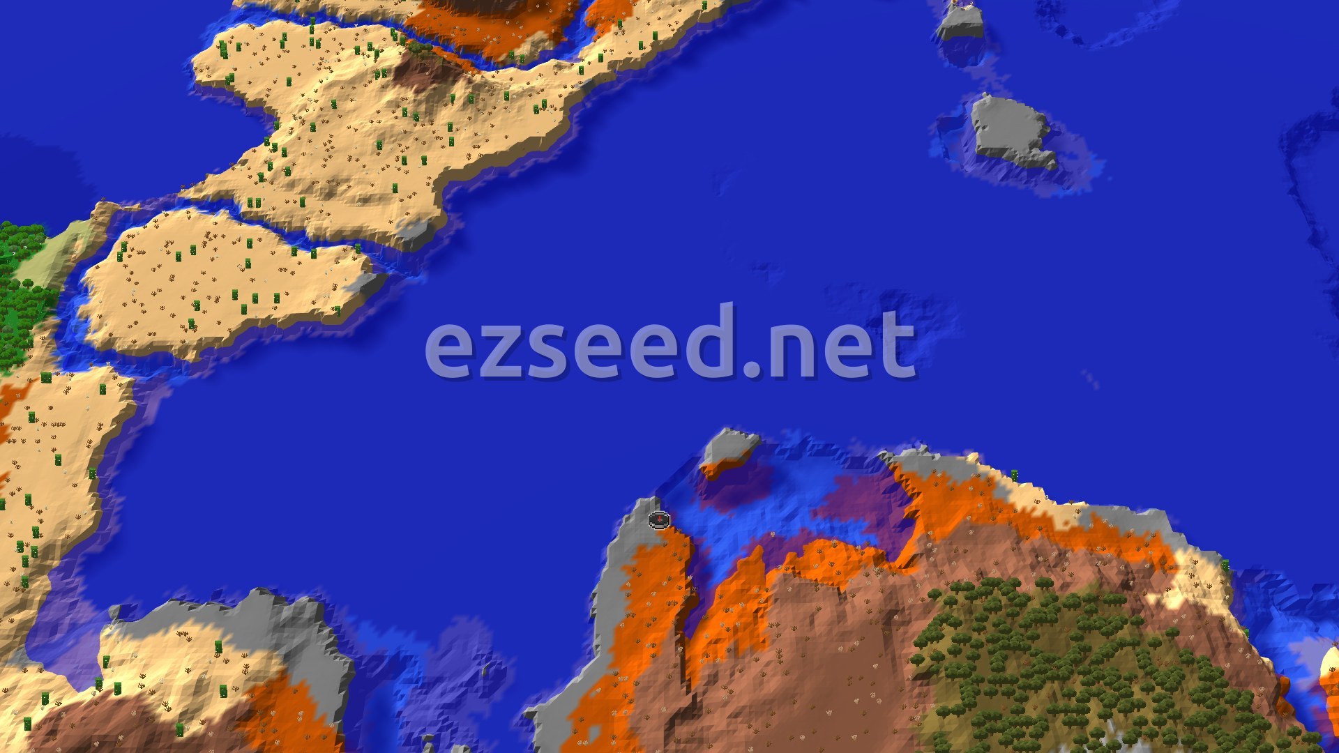 An aerial view of the spawn area shows a vast blue ocean surrounded by light brown badlands, with scattered green trees and some rocky grey shores. A small spawn marker is visible near the coast.