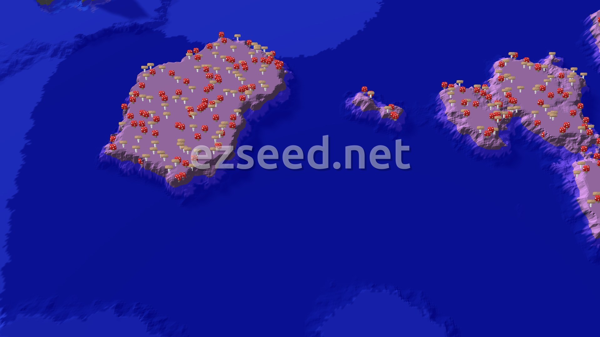 A 3D fly-over shows a small island covered in red and brown mushrooms, surrounded by deep blue ocean.