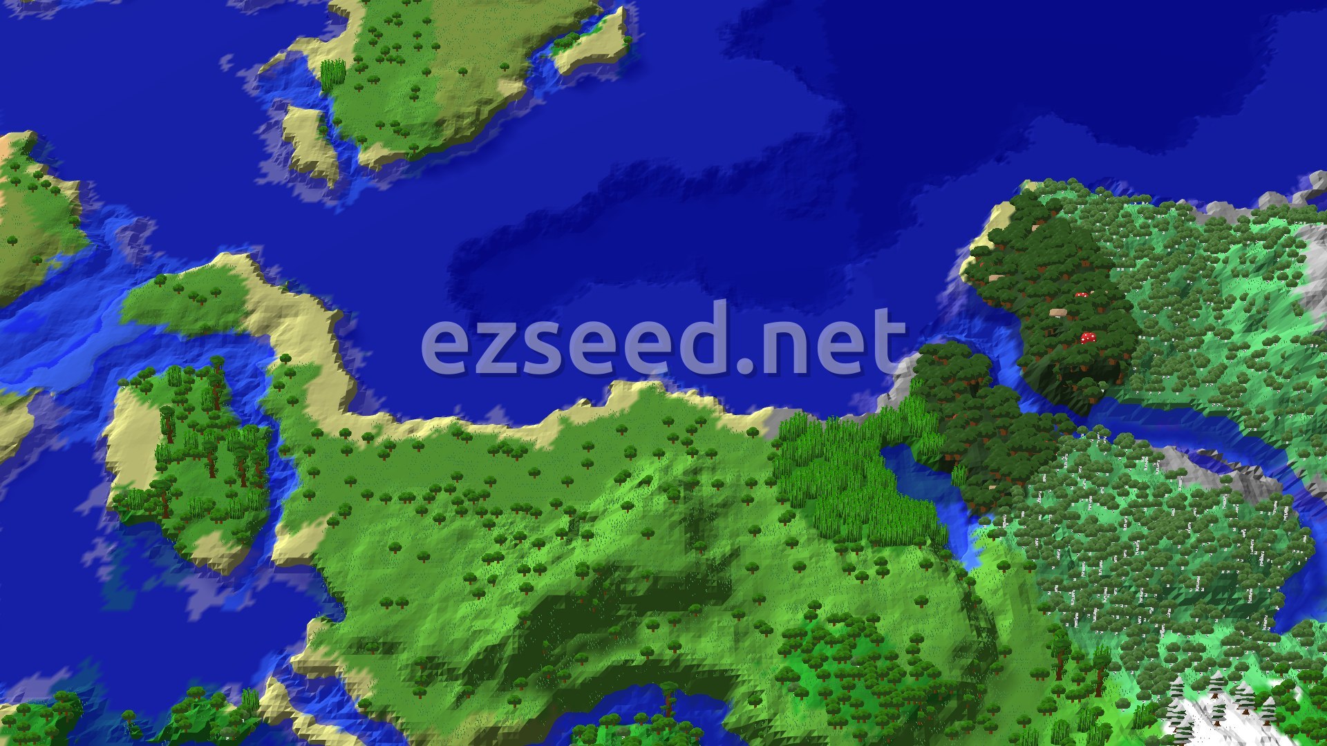 An overhead 3D view of a varied landscape featuring a large body of water, several islands, sandy beaches, lush green plains, dense forests, and patches of desert and badlands.