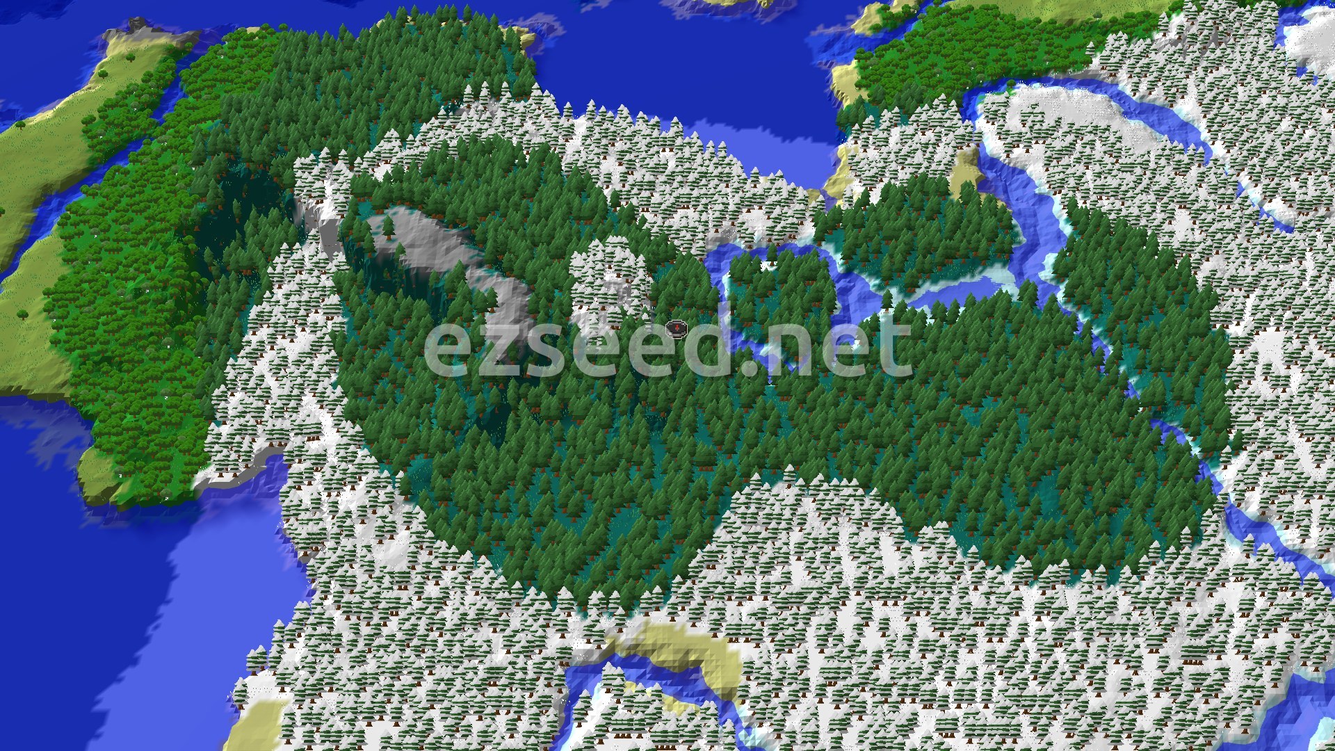 A bird's eye view of a dense taiga forest with snowy patches and winding rivers, surrounding a small spawn point.