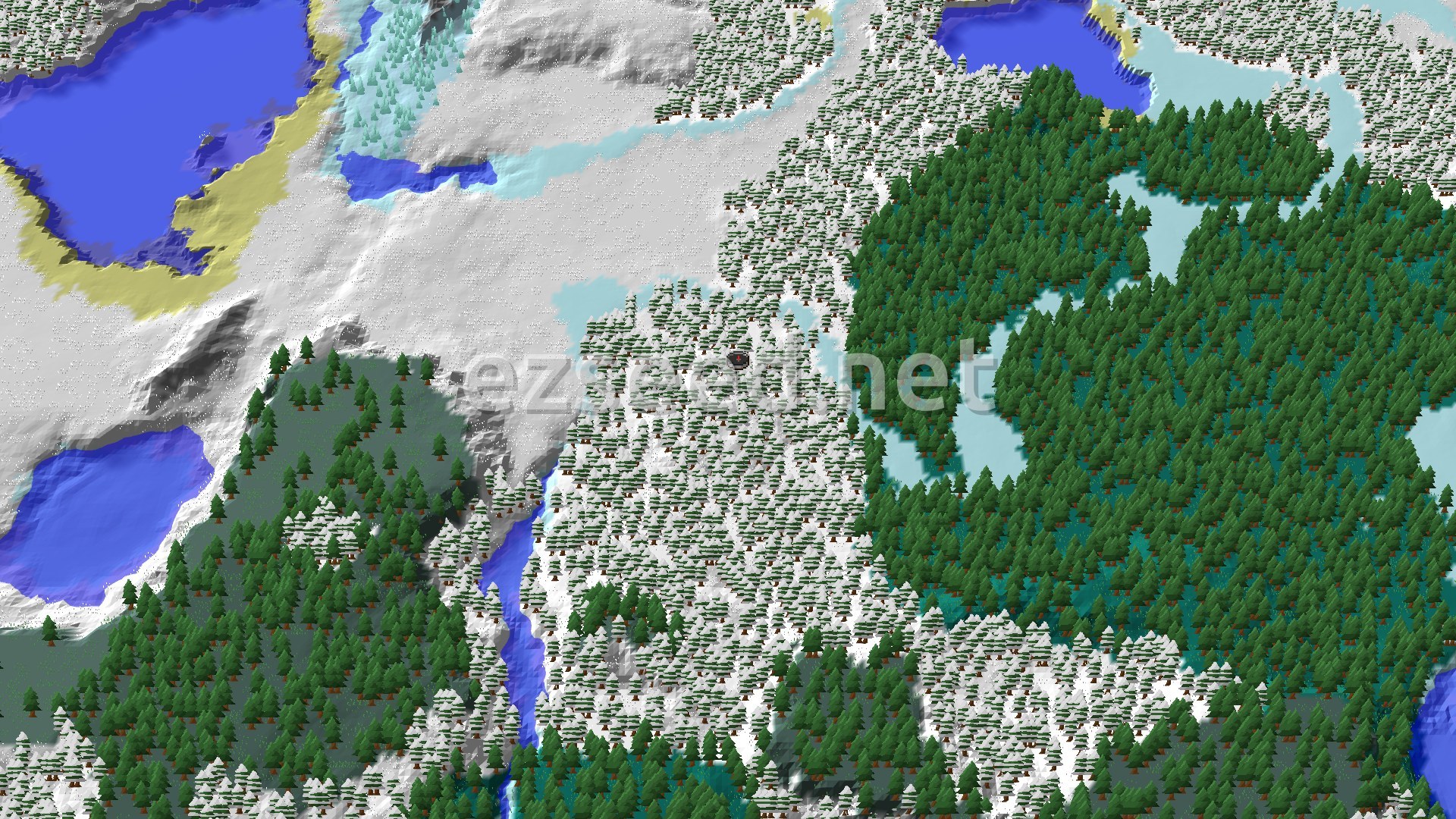 An aerial view of a snow-covered forest, with patches of ice and frozen rivers, and a small marker at the center indicating the spawn point.