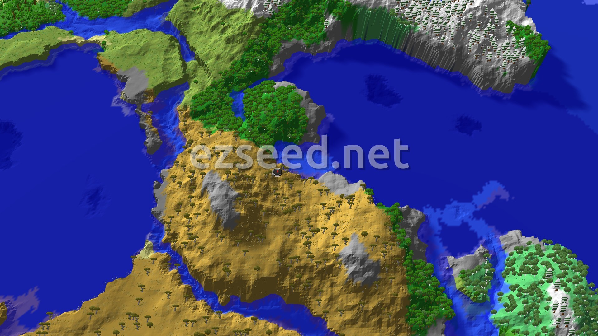 A bird's eye view of a savanna biome with scattered trees, bordered by a large ocean and some green forested areas, with a small spawn marker in the center.