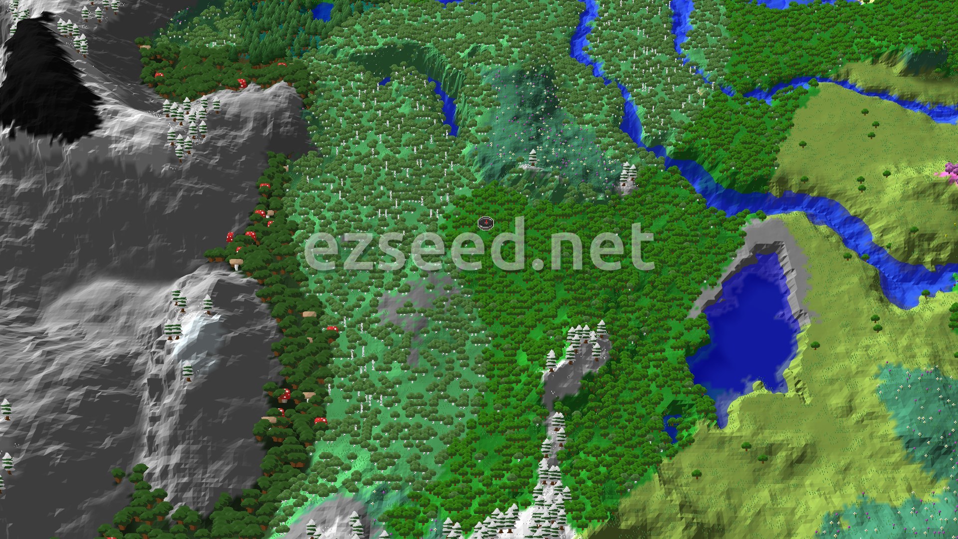 An aerial view showing a dense forest at the center, with a winding river and a lake to the east, and jagged, snow-capped mountains to the west.