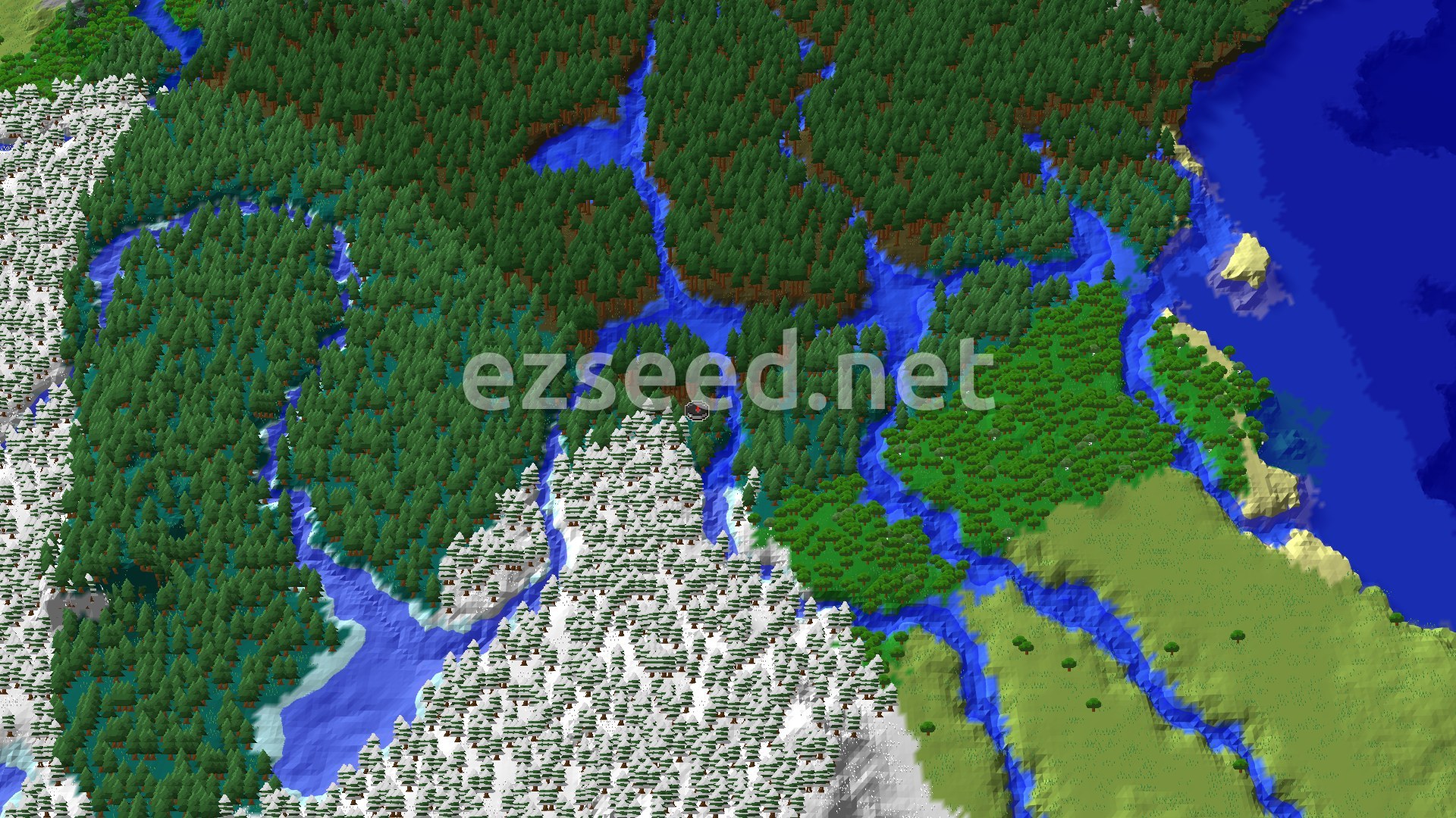 An aerial 3D view of a Minecraft world, showing a dense taiga forest crisscrossed by rivers, with snowy taiga to the south and plains leading to an ocean on the east.