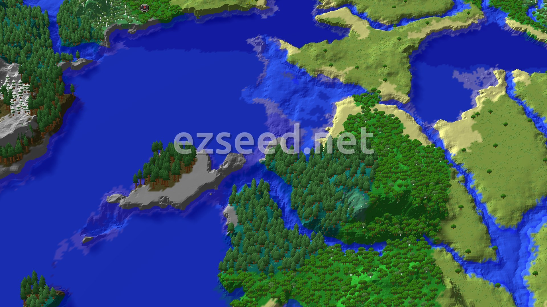 An aerial view of a varied landscape featuring a large forest, a prominent ocean, and winding rivers, with plains and some stony shorelines visible.