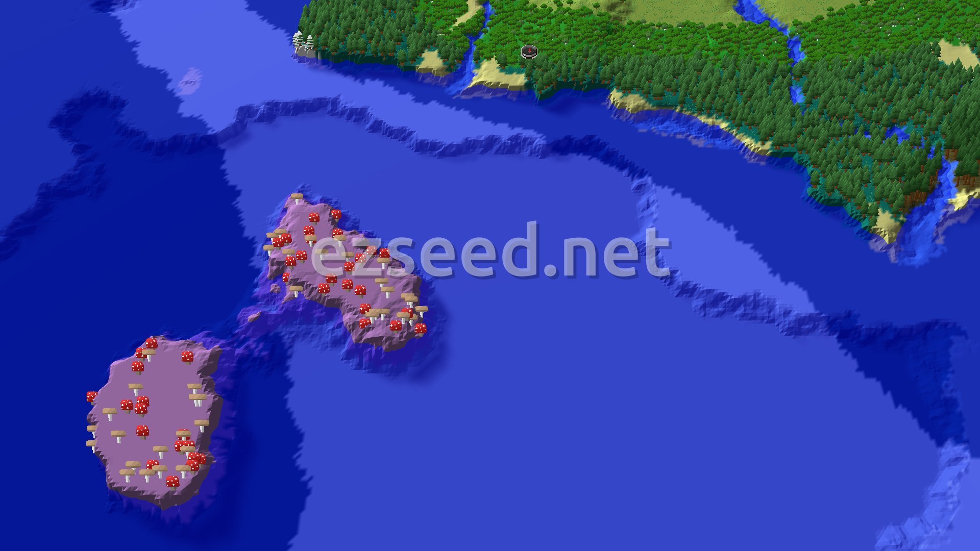 A 3D render of a coastline with dense taiga forest and a river, facing out to a blue ocean with two mushroom-covered islands.