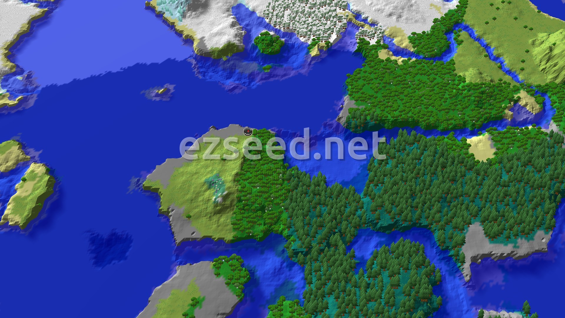 An aerial view of a mostly flat plains biome at spawn, with forests, cold oceans, and snowy taiga extending into the distance.