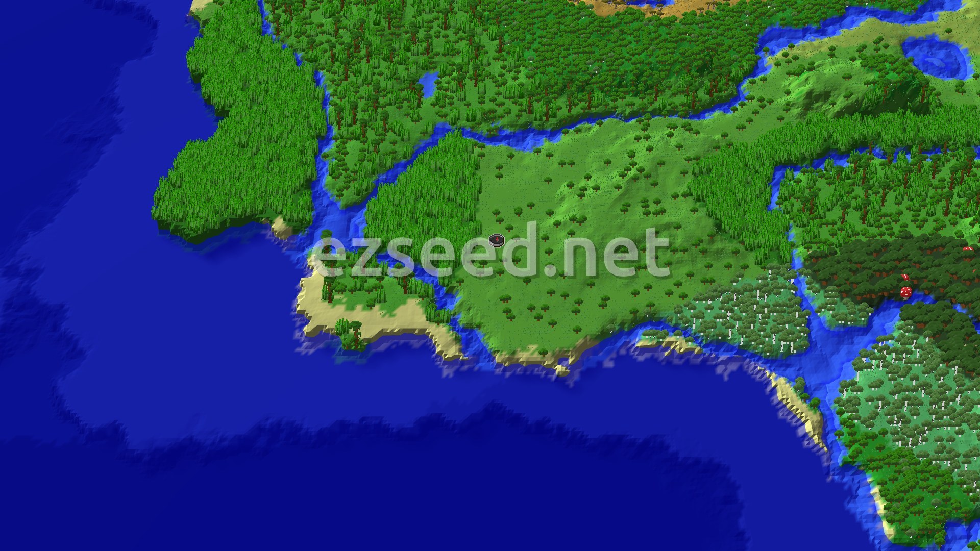 An aerial view of a lush Sparse Jungle with bamboo, surrounded by water and other forest biomes.