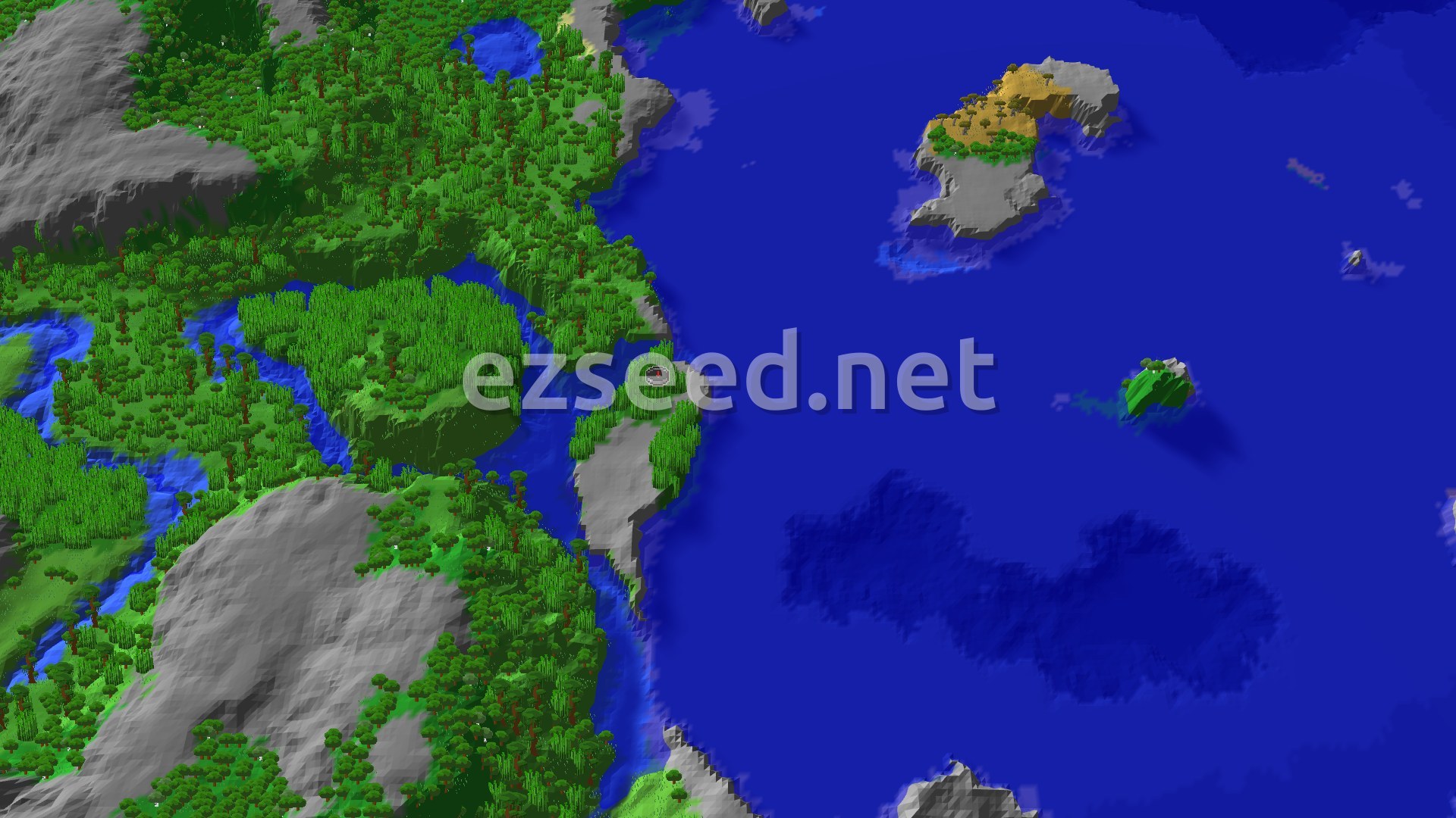 A 3D fly-over render of a world from a Minecraft seed, showing a dense jungle biome with bamboo, a winding river, and a large ocean with a few small islands. A small red marker indicates the spawn point near the river's edge.