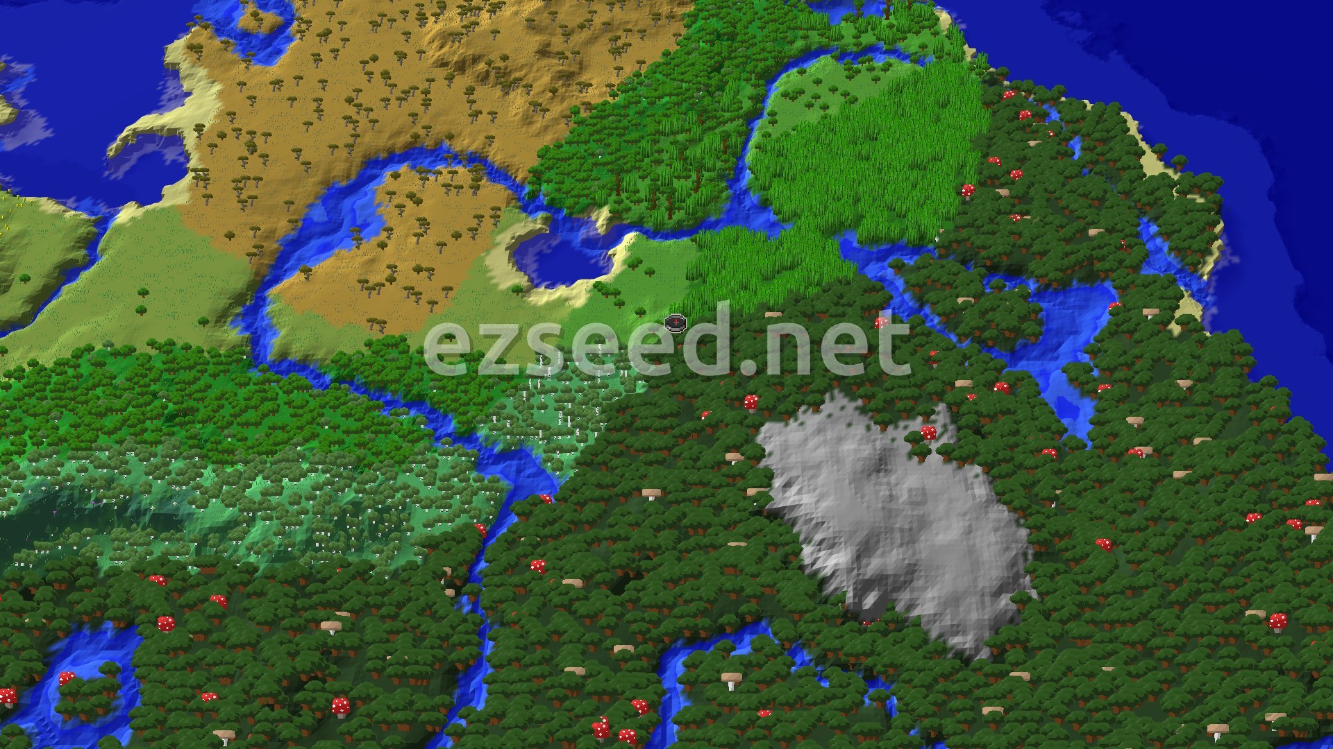 An overhead view of a diverse landscape with dense forests, a mushroom-dotted dark forest, rivers, a savanna, and ocean, with a spawn marker.