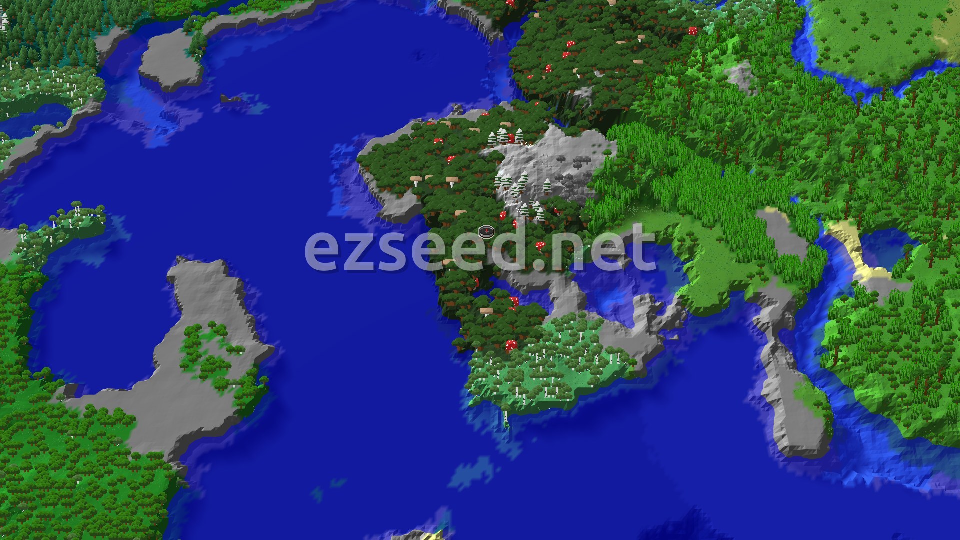 A dense Dark Forest surrounds the spawn point, with a winding river and varied terrain including some snowy peaks in the distance.