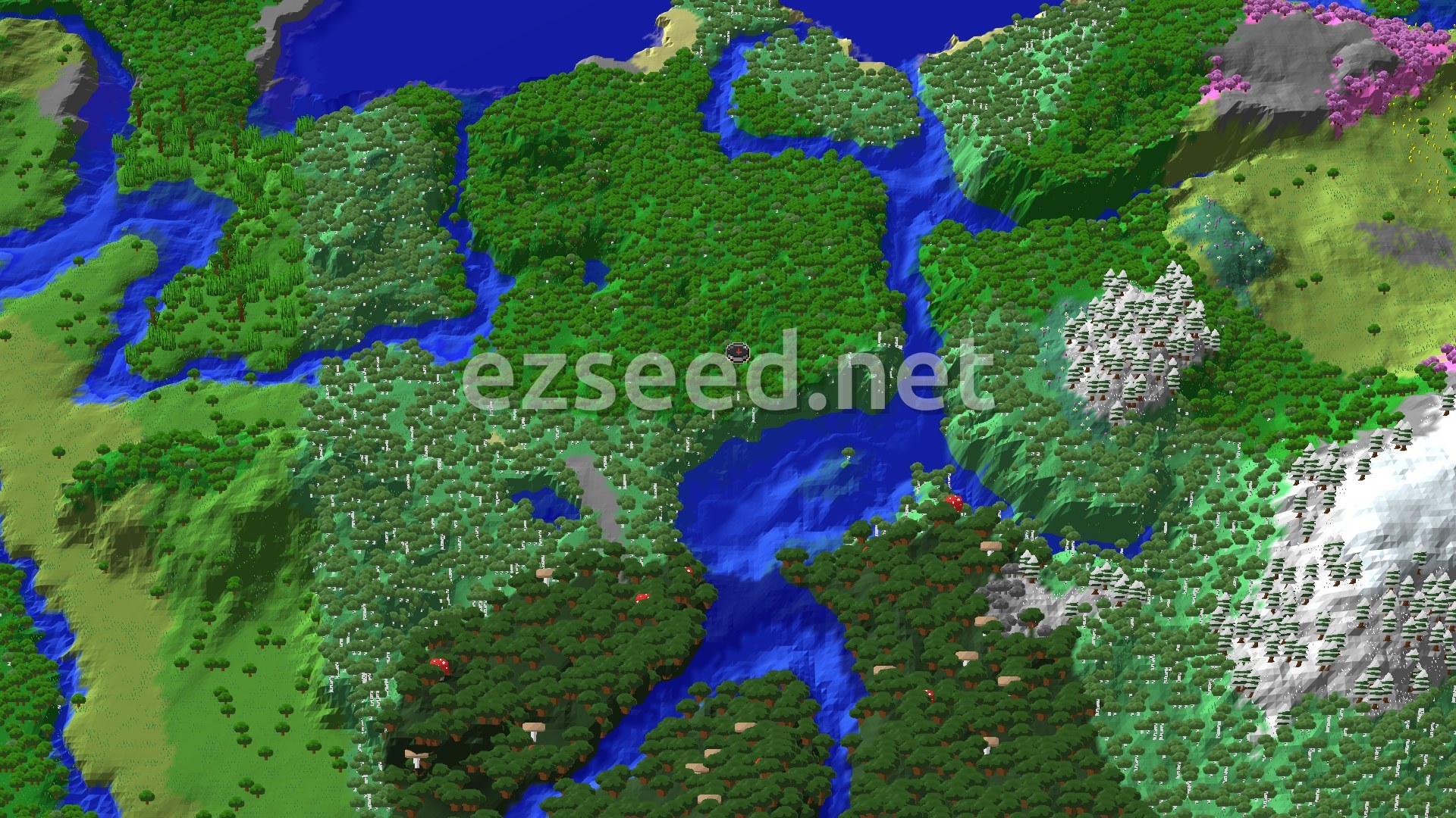 An aerial view shows a large, dense forest surrounding the spawn point, with a winding river and smaller forests nearby. Snowy peaks rise in the distance, and a hint of a cherry grove is visible.