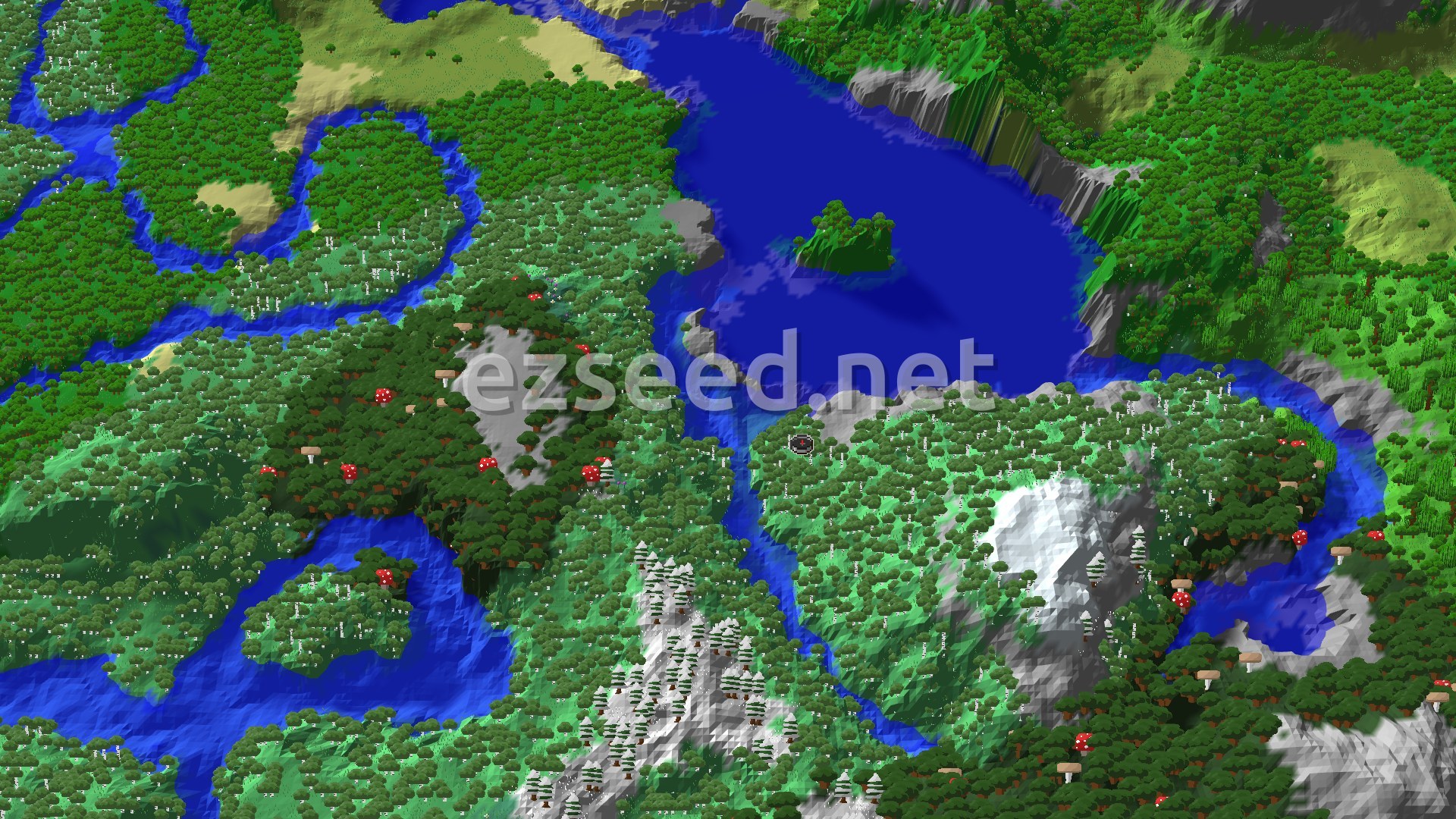 A 3D render of the world around spawn, showing rolling hills covered in birch and oak forests, rivers, and a large ocean. A small patch of snowy mountains is visible to the south.
