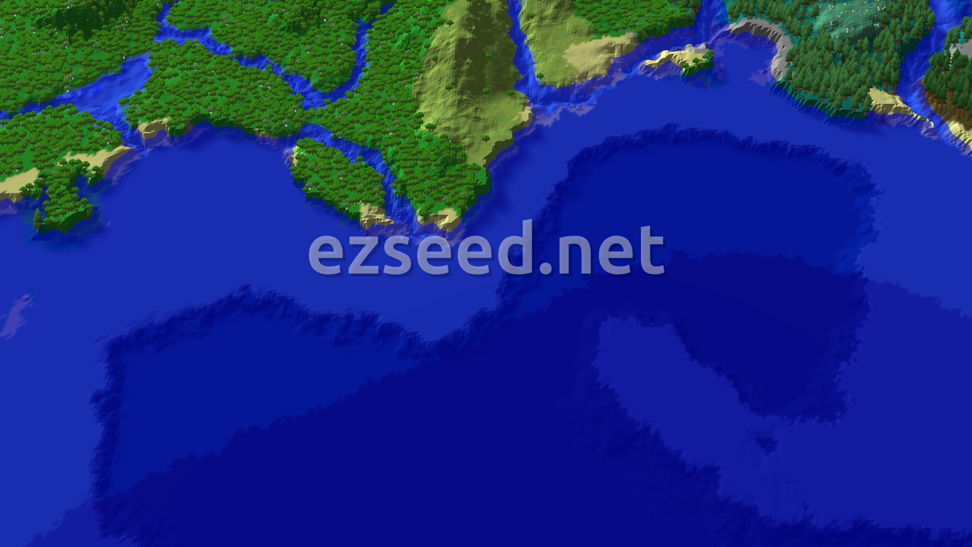 A 3D rendering of a lush, green forest meeting a deep blue ocean, with several rivers cutting through the land. Hills rise in the background.