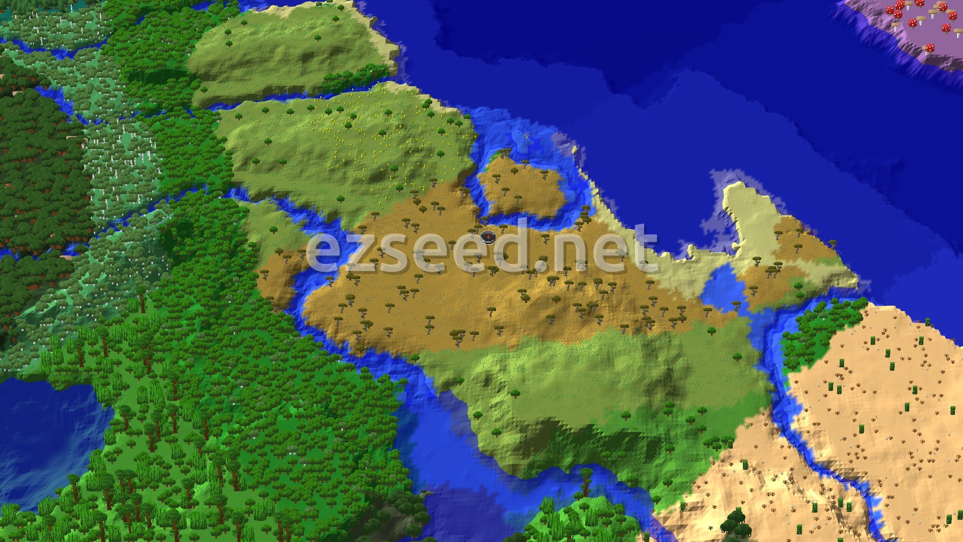 A 3D fly-over of the terrain around spawn, showing a savanna biome in the center with scattered trees, bordered by water and lush green forests on one side and a desert biome on the other.