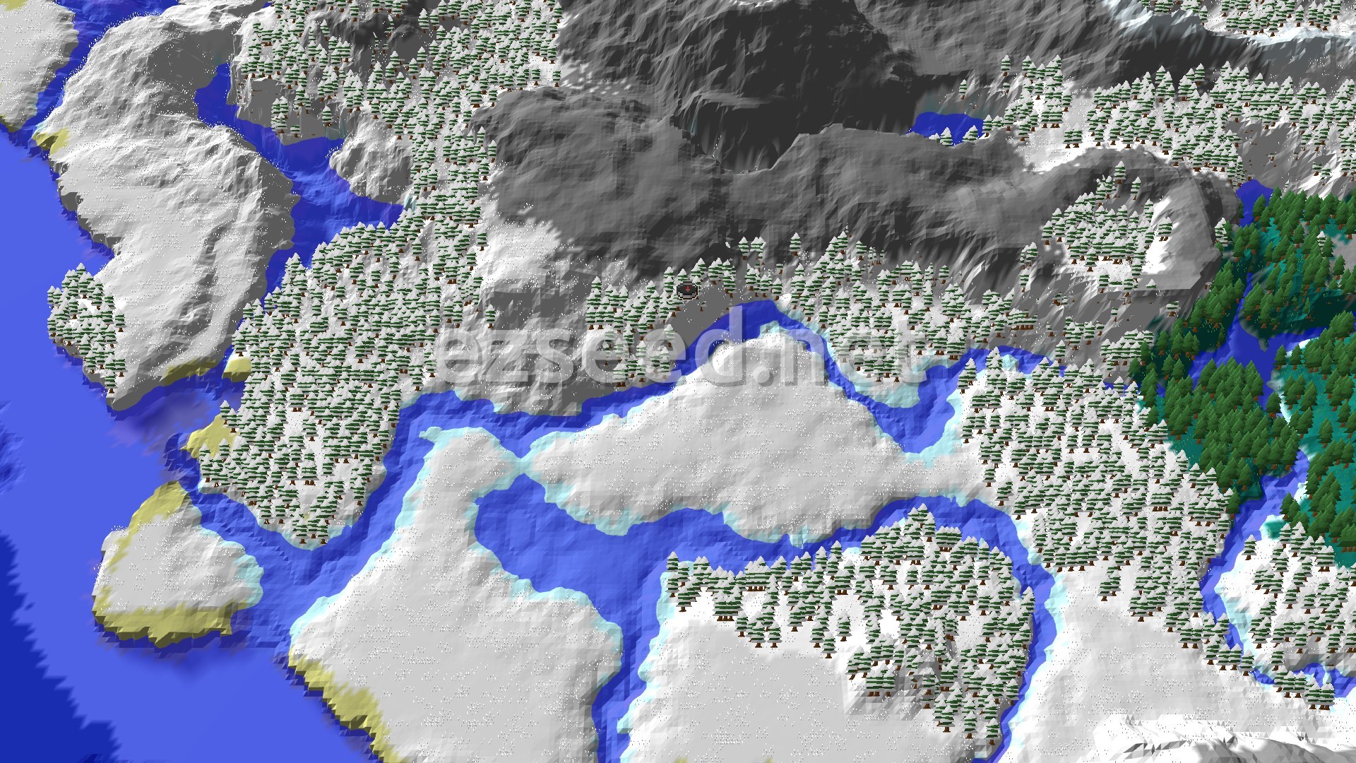 A snowy, mountainous landscape featuring a frozen river, a dense evergreen forest, and a few patches of beach at the water's edge.