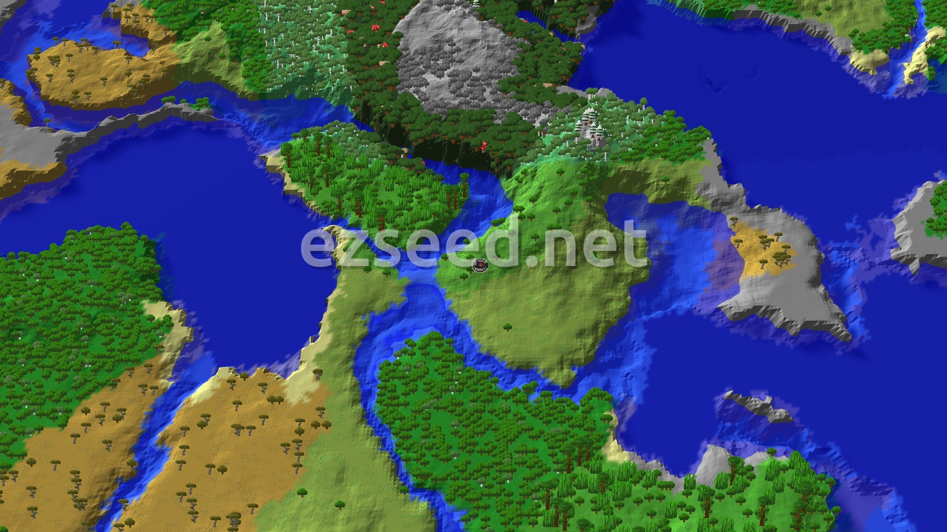 An aerial view of a Minecraft world, showing a diverse landscape with sparse and dense jungles, plains, and a winding river system, with a small spawn marker on a jungle island.