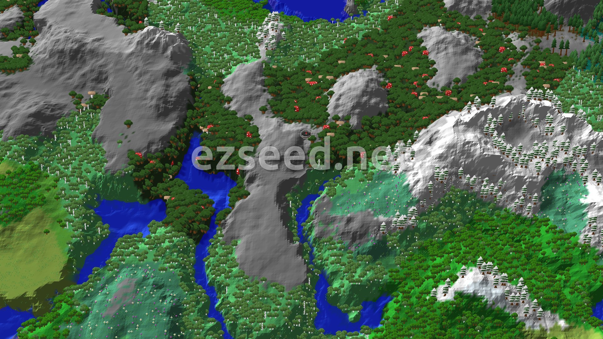A bird's-eye view of a varied landscape featuring a dark forest, mountains with snow-capped peaks, and a winding river.