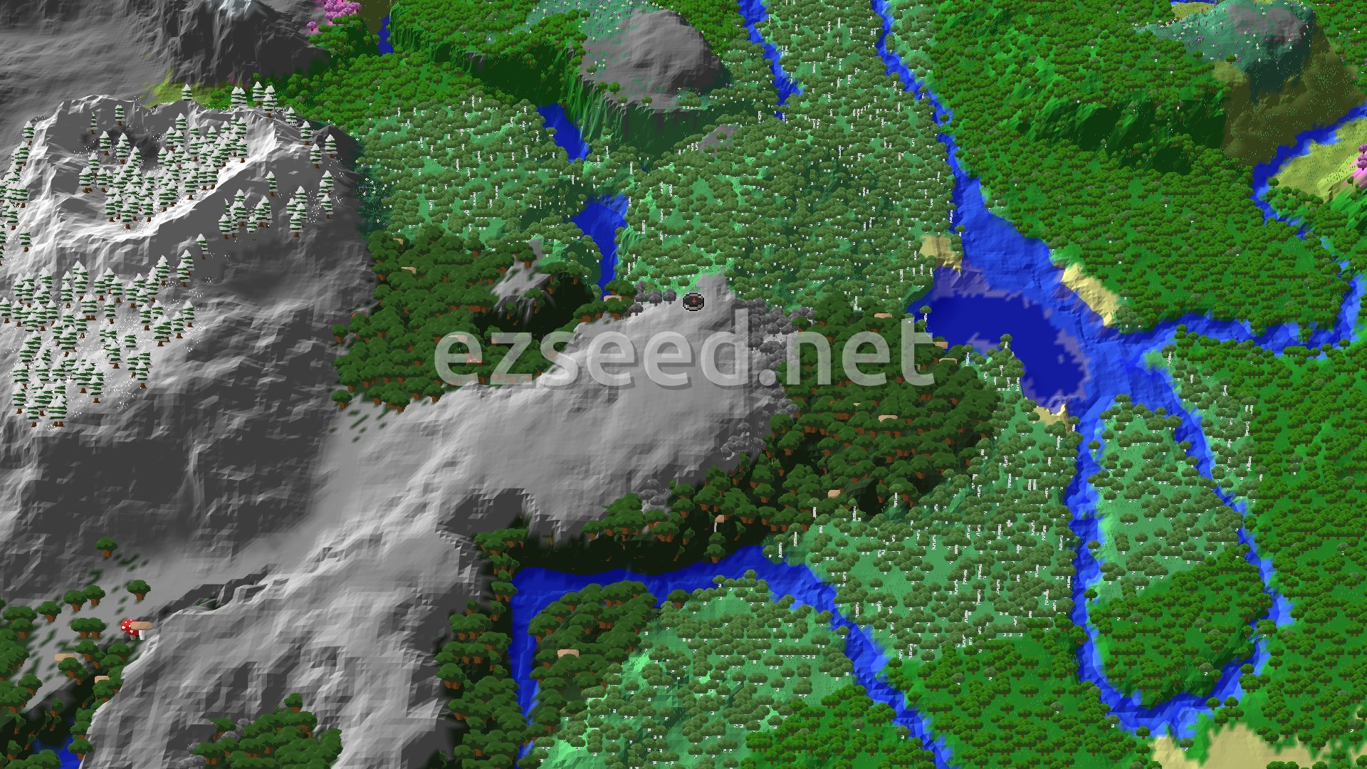 An aerial view of a varied landscape featuring dark green forests, lighter green plains, a winding blue river, and snow-capped mountains to the west, with a small spawn marker in the center.