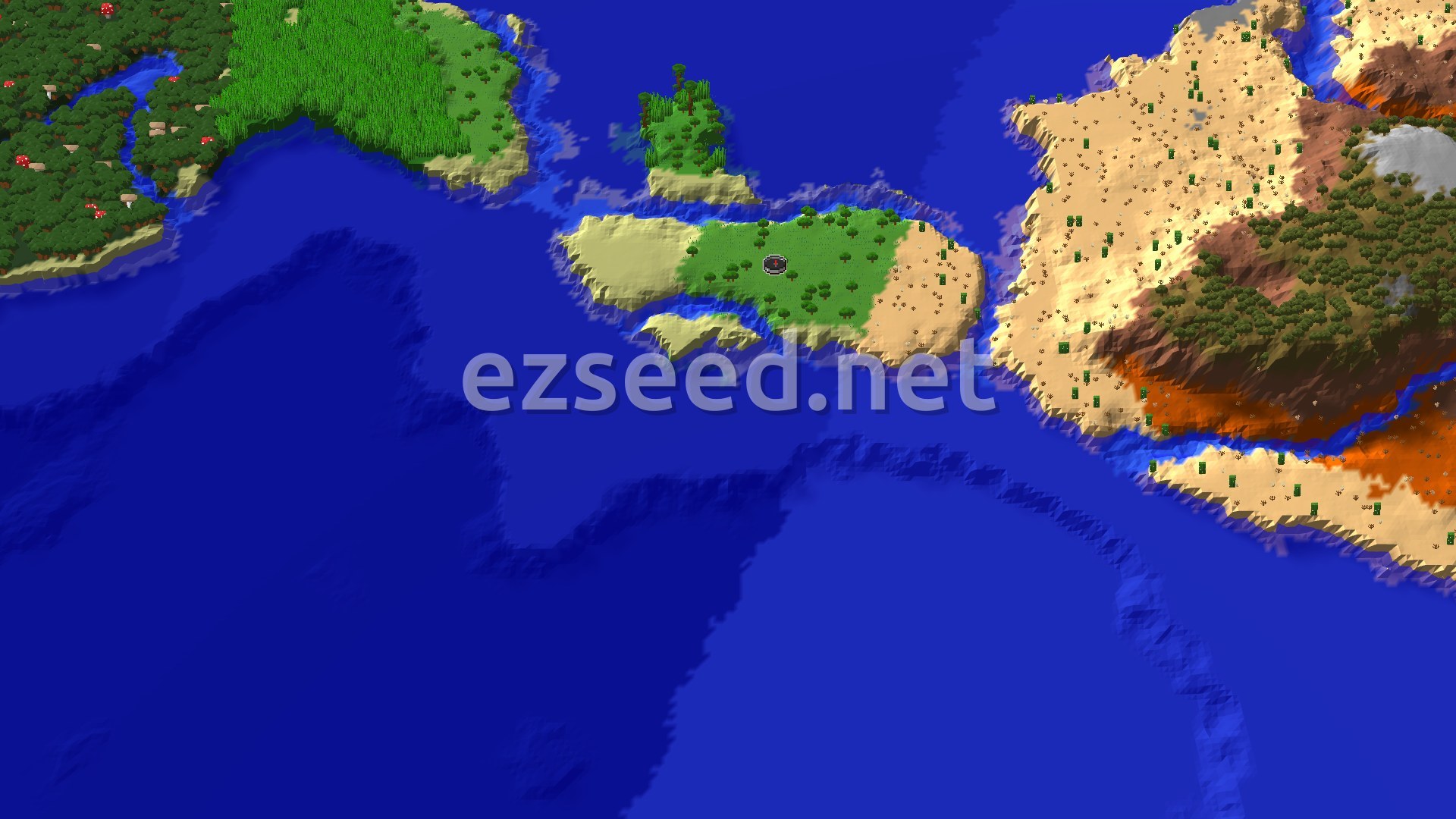 An aerial view of a Sparse Jungle spawn point on a peninsula, surrounded by warm ocean water and sandy beaches, with desert biomes in the distance.
