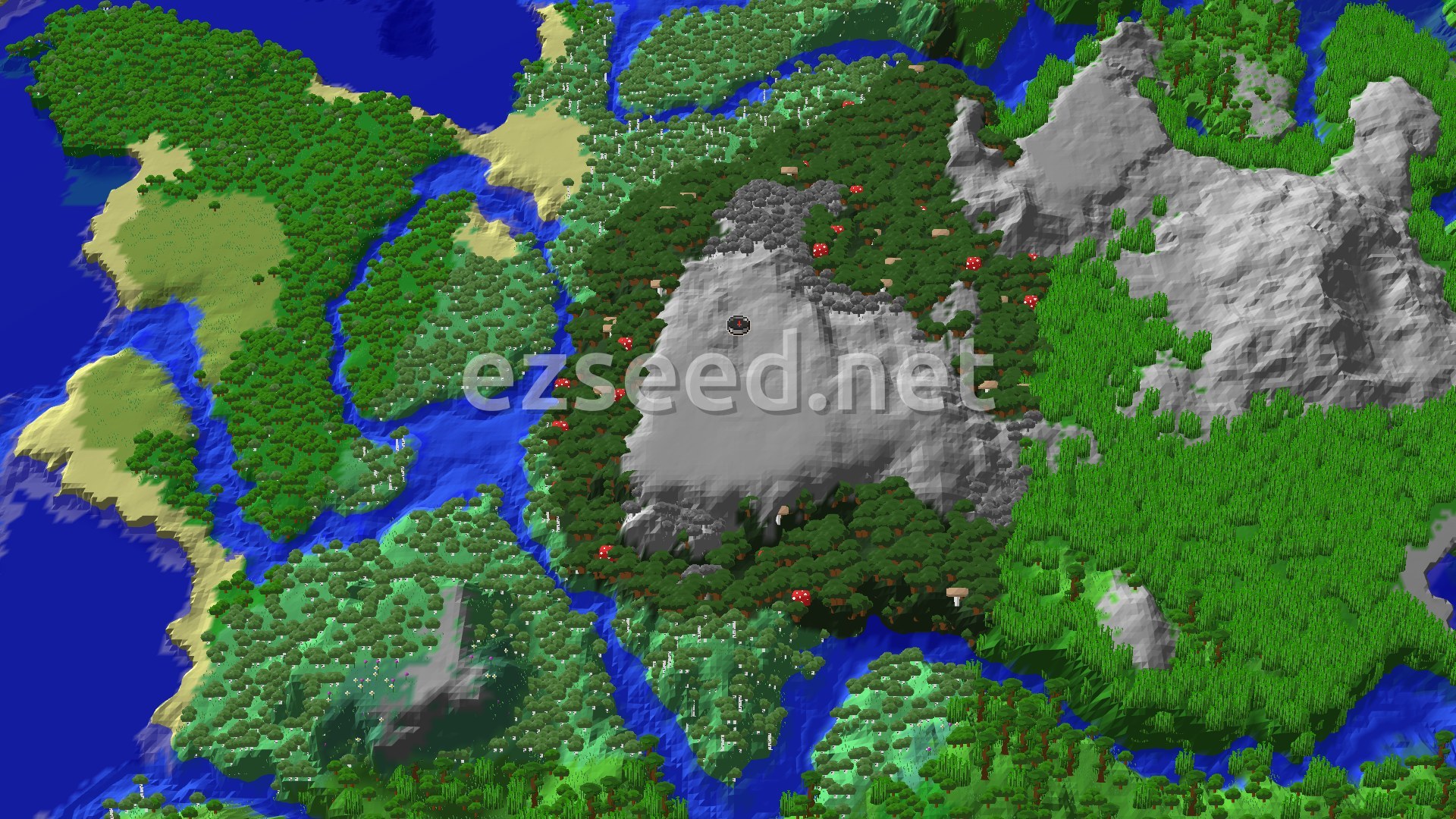 An aerial view of a varied landscape featuring a central gray mountain surrounded by dense green forests, rivers, and coastal beaches.