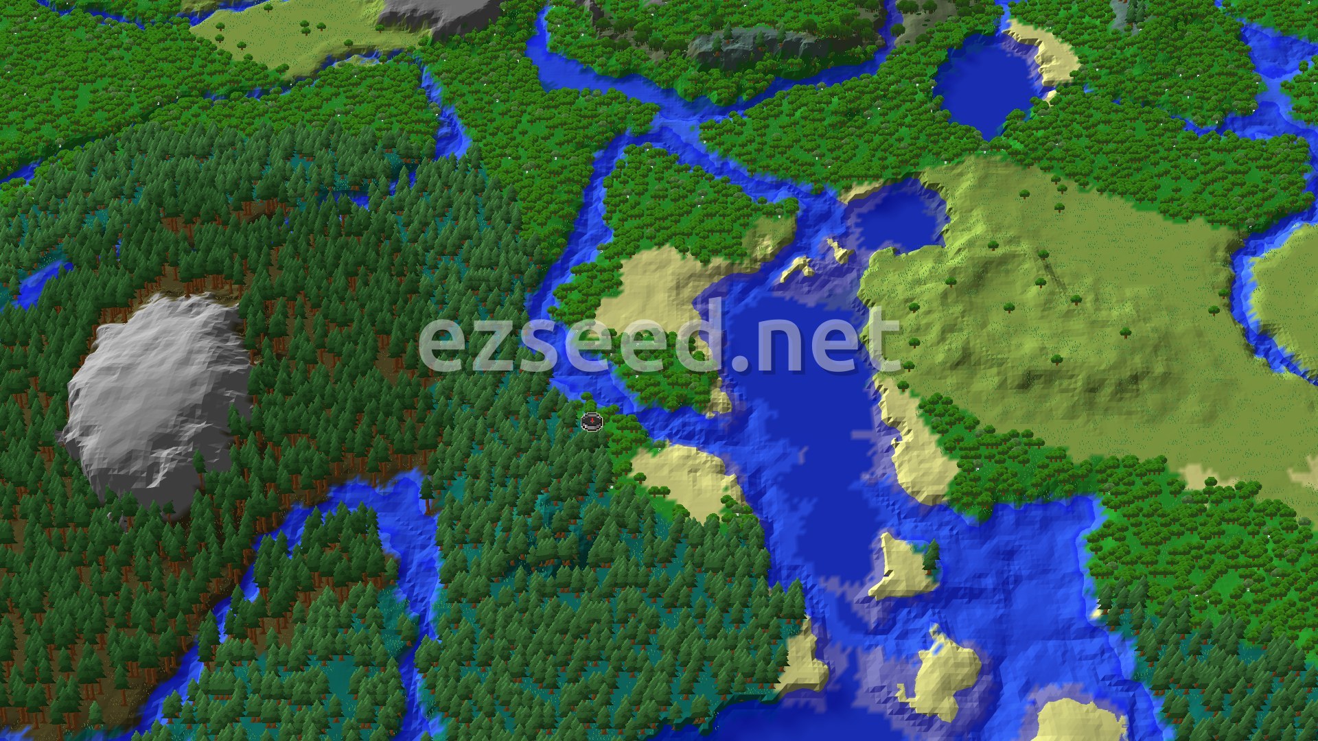 An aerial view of a varied forest landscape with a small lake, showing a mix of pine and spruce trees and some open river areas.