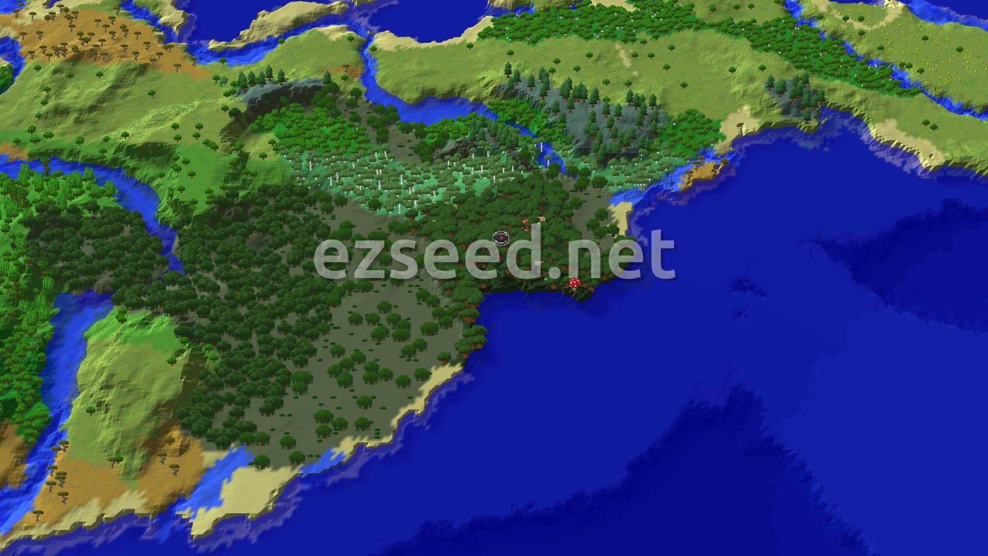 A 3D aerial view of a varied landscape, showing dark forests, lighter green plains, scattered trees, rivers, and a large blue ocean. A red spawn marker is visible near the center.