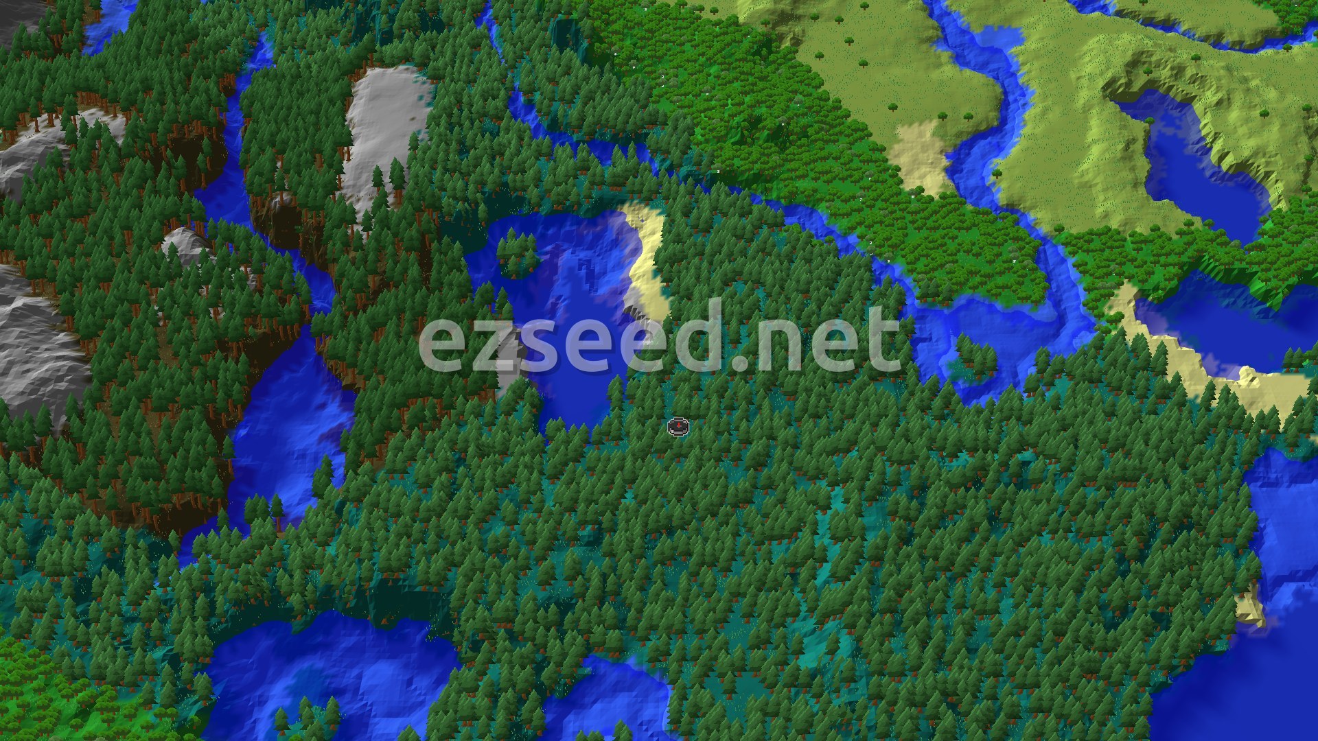 An aerial view of a dense Taiga forest, deeply carved by rivers and bordered by a cold ocean, with higher ground forming a valley.