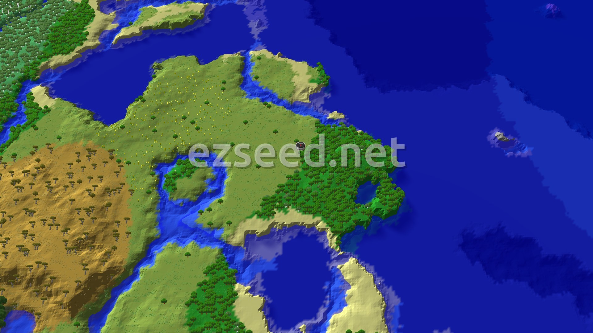 An aerial view of a mostly flat landscape with a mix of forest and plains biomes. A river winds through the middle distance. There are no dramatic hills or mountains visible.