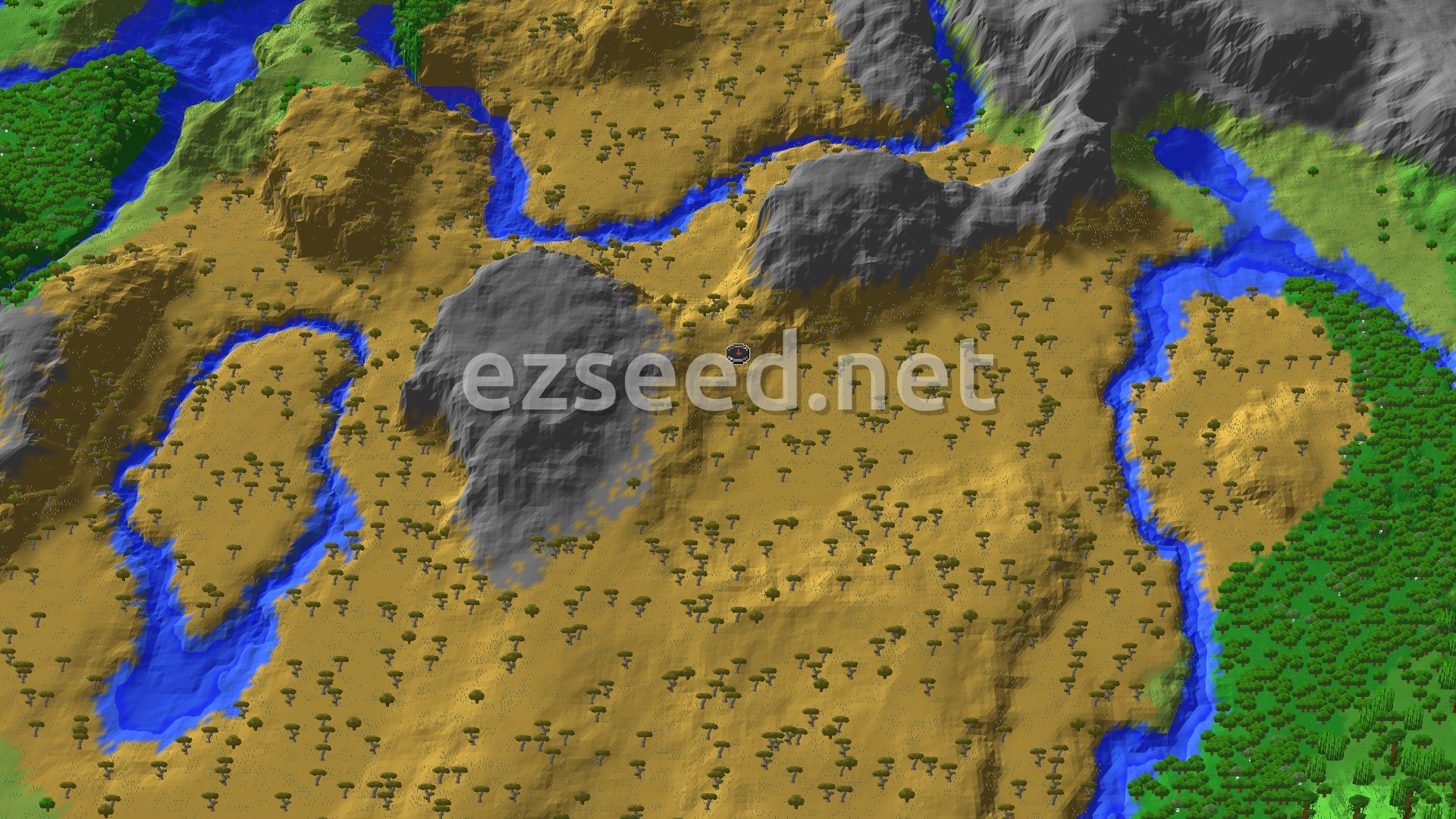 A 3D overhead view of a savanna biome with scattered acacia trees, bordered by a river and some gray mountains. A small spawn marker sits near the center.