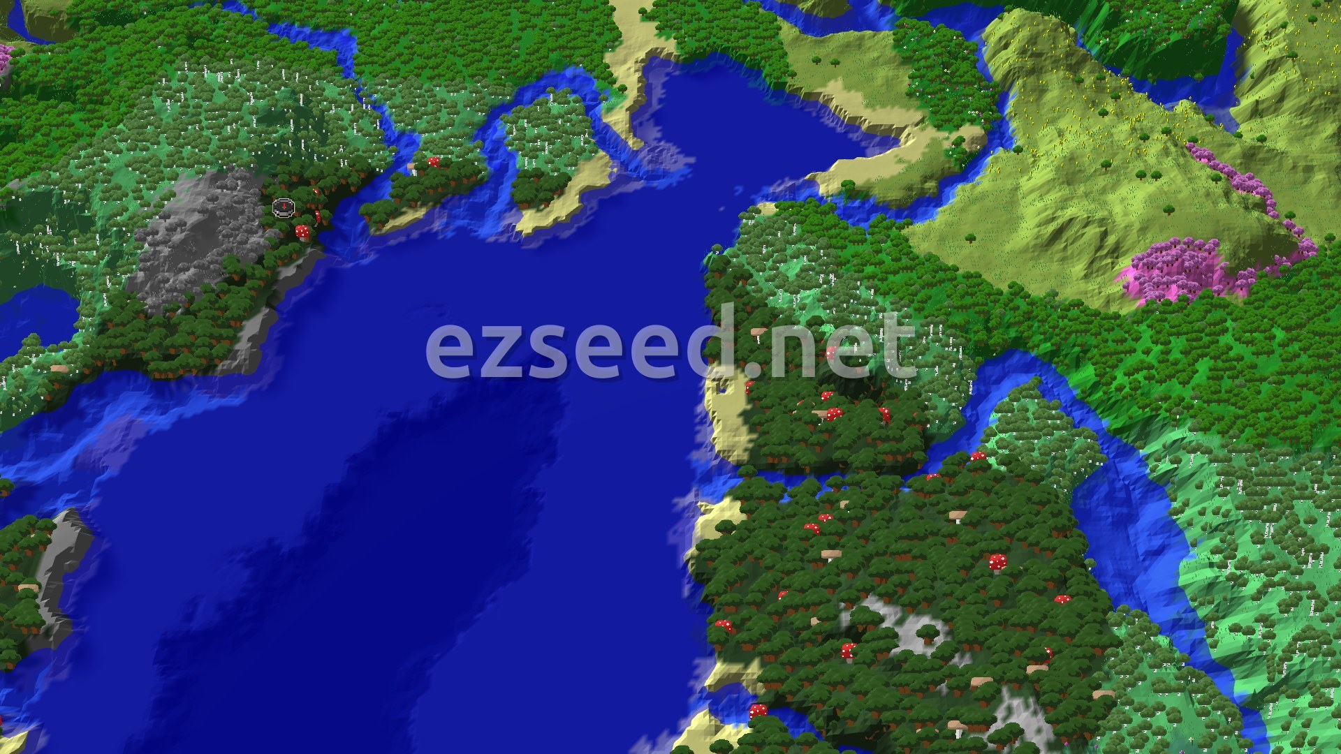 An aerial view of a dark forest surrounding a small, lighter patch of Pale Garden, with rivers and varied tree types extending into the distance.