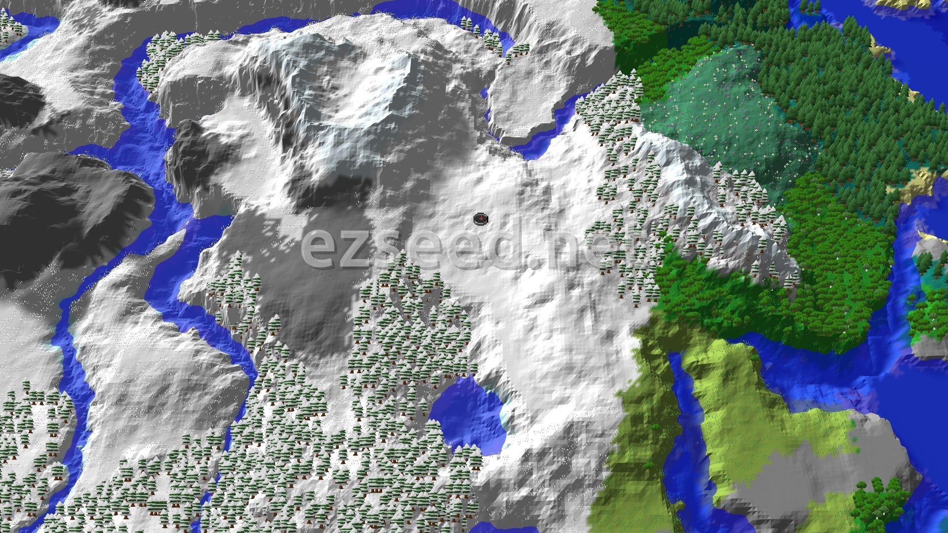 An aerial view of snowy mountains and valleys, with rivers winding through them and patches of dark green forest on the edges. A small black spawn marker is visible near the center of the snowy terrain.