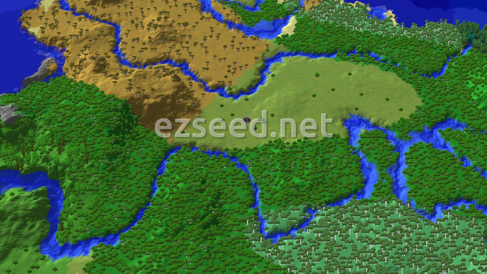 An overhead view of a diverse landscape featuring plains, forests, and a prominent river, with scattered hills and trees under a clear sky.