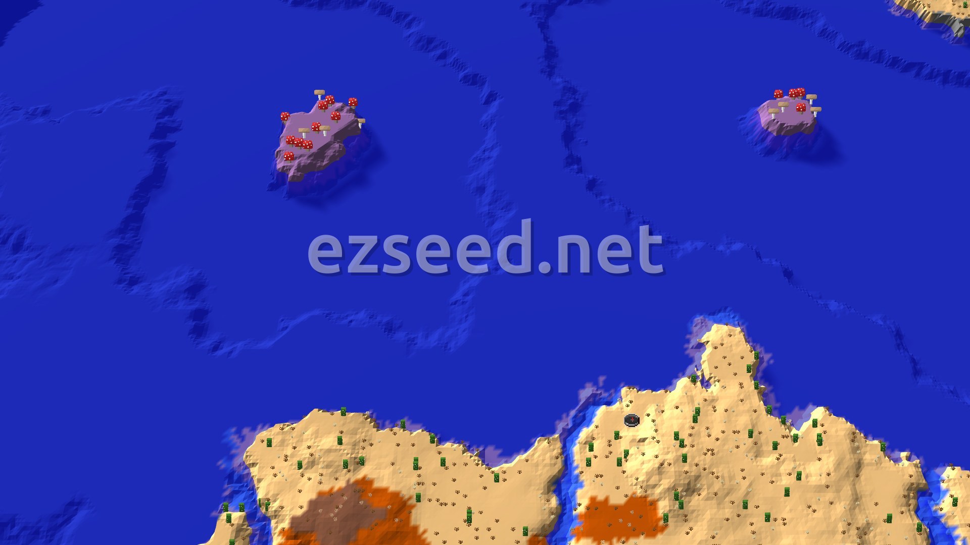 An aerial view showing a vast warm ocean with a large desert island featuring patches of badlands, and two smaller mushroom field islands in the distance.