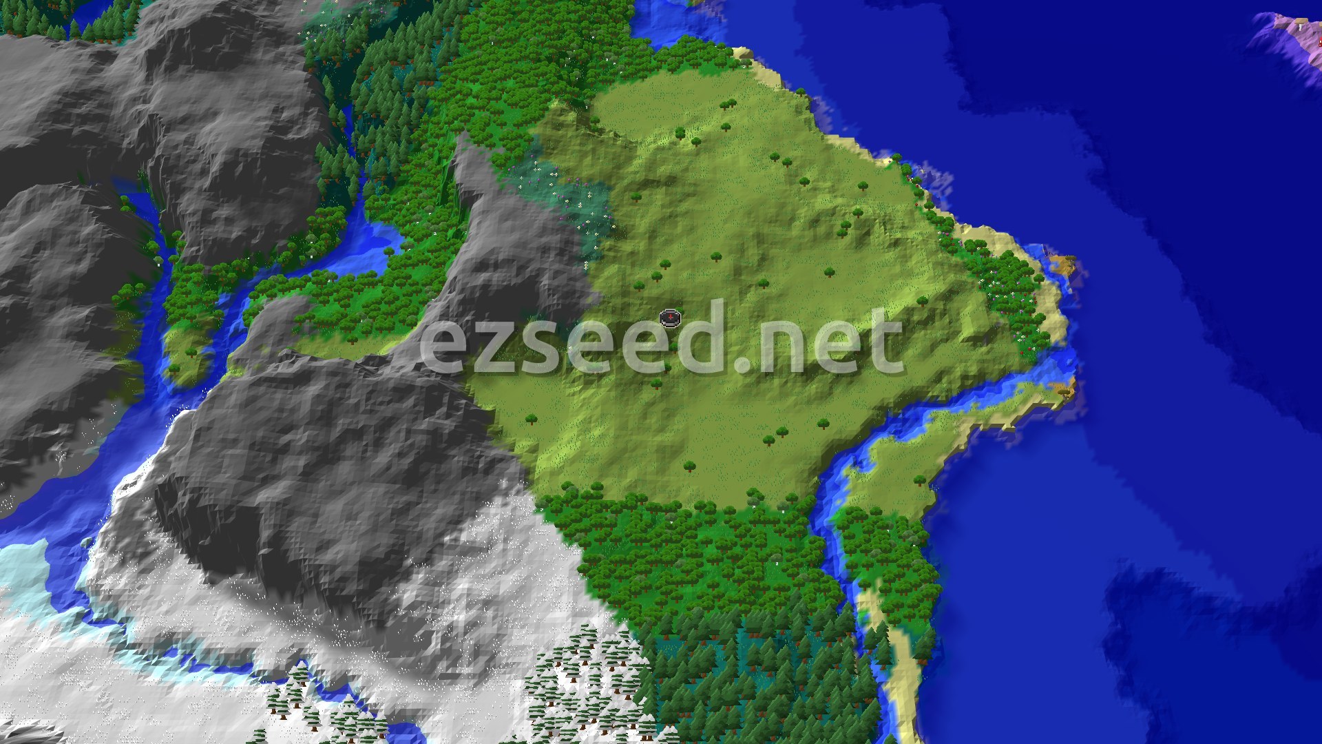 Aerial Minecraft seed map — Snowy Plains and Ancient City Nearby