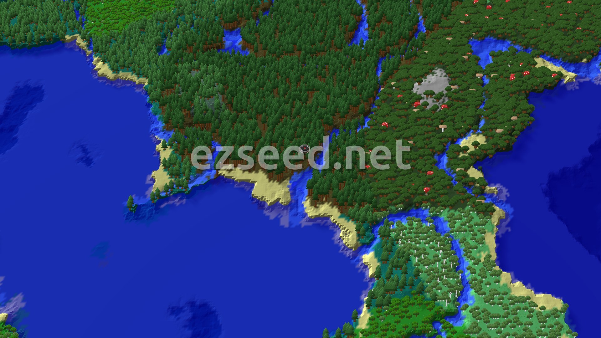 Aerial Minecraft seed map — Taiga Spawn with Lush Caves Underfoot