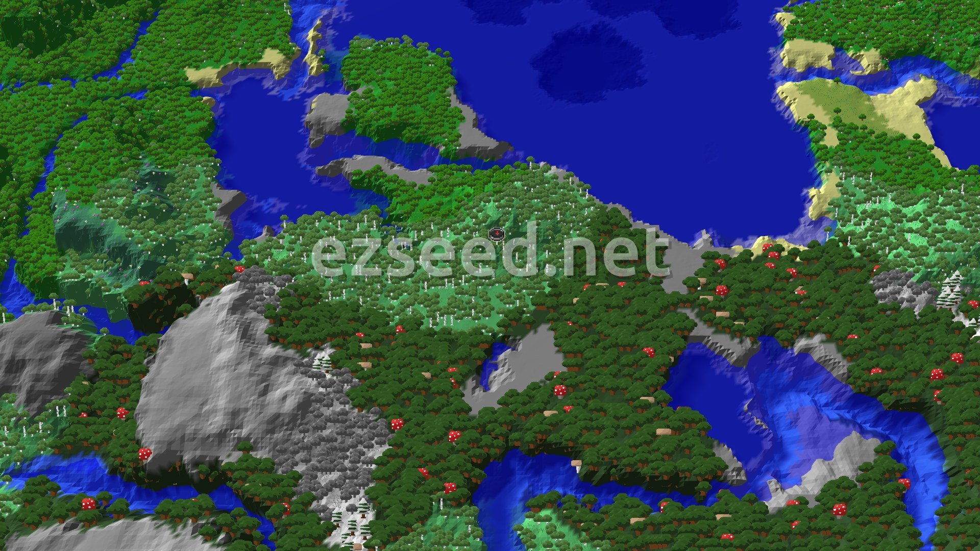 An aerial view showing a dense forest with a mix of birch and darker trees, surrounded by water and some stony areas, with a spawn marker in the center.