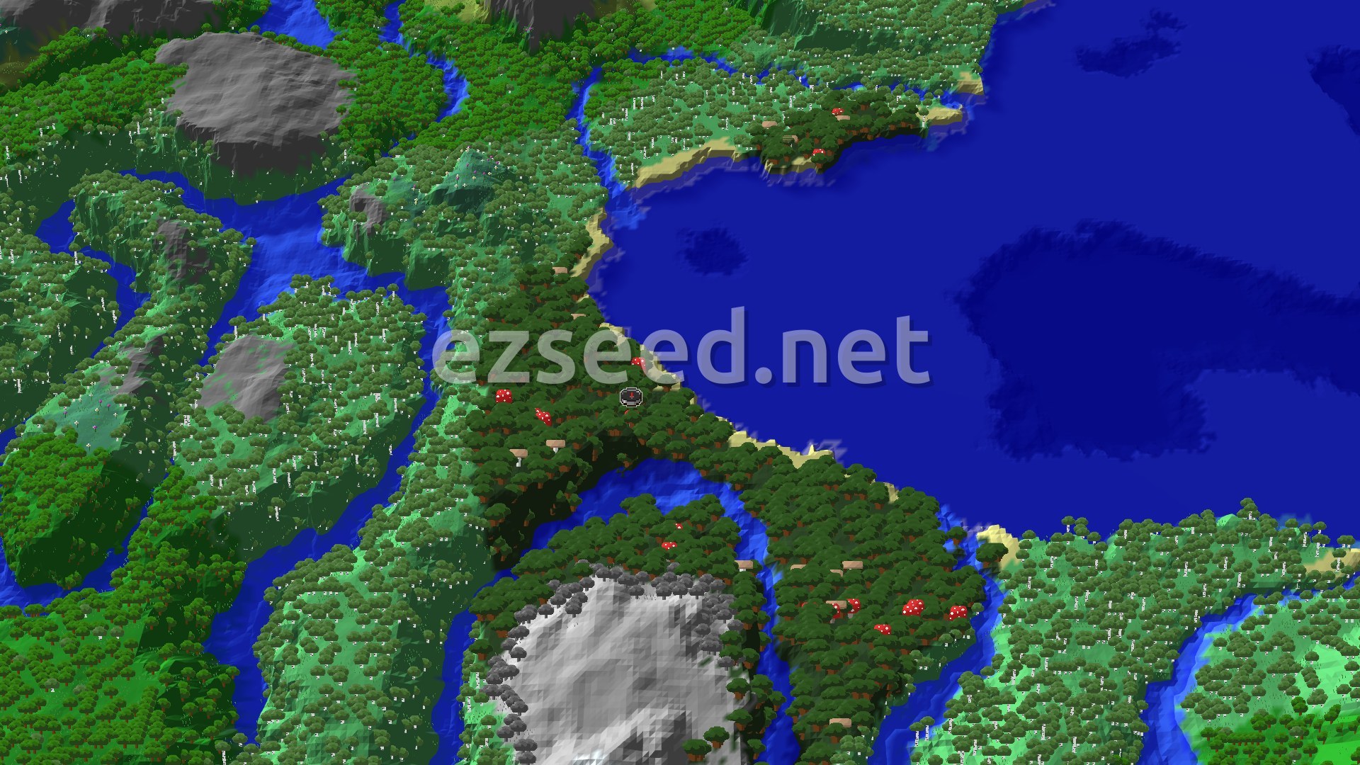 An aerial view of a dark forest with large mushrooms and a small spawn marker, bordered by a river and an ocean, with some patches of beach and lighter green forests.