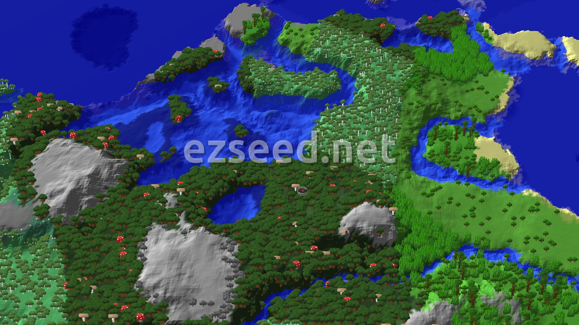 An aerial view of a dark forest biome with large, dark oak trees and scattered red mushrooms, bordered by a blue ocean to the north and west. Hills with exposed stone poke through the forest in places, and a small river winds through the lighter green areas.