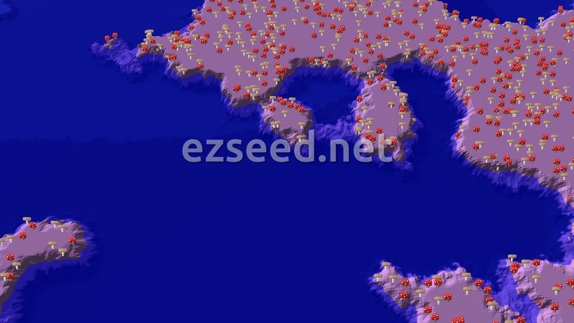 A bird's-eye view of a vast ocean surrounding a large island covered in red and brown mushrooms, with a small spawn marker at the center of the image.