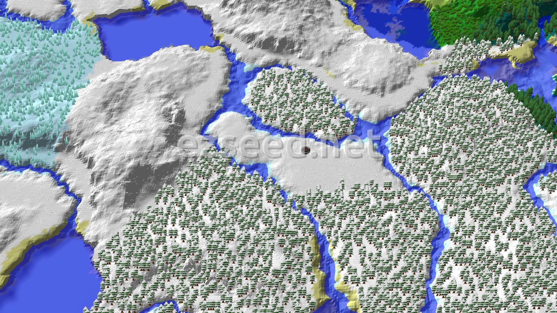 Aerial Minecraft seed map — Snowy Plains Start with Nearby Village