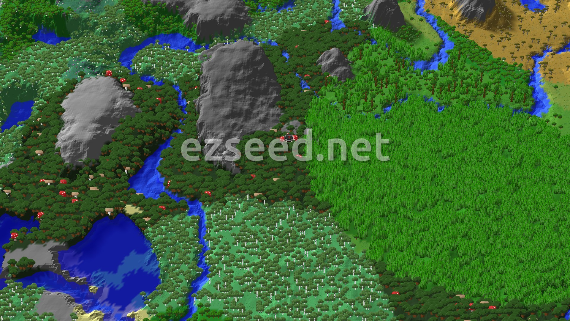 Aerial Minecraft seed map — Bamboo Jungle Beside Dark Forest Spawn
