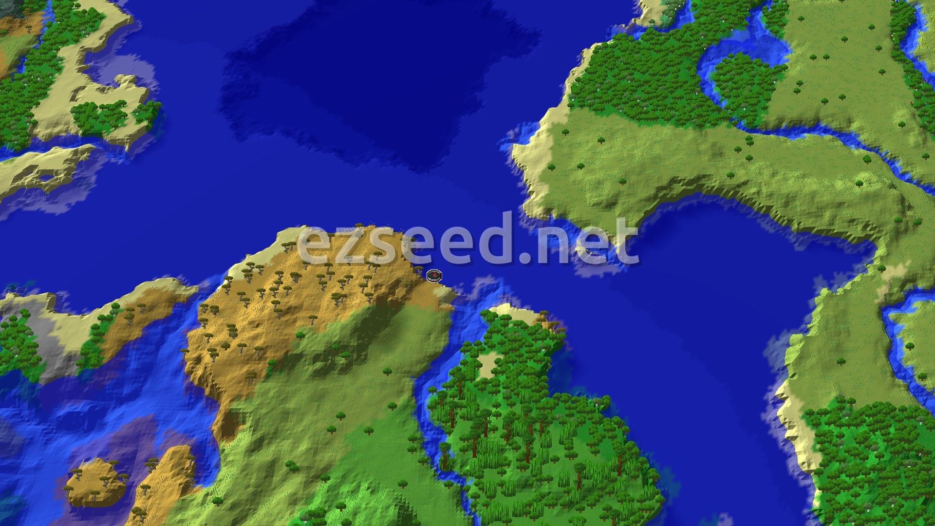 Aerial Minecraft seed map — Savanna Spawn with a Close Abandoned Village