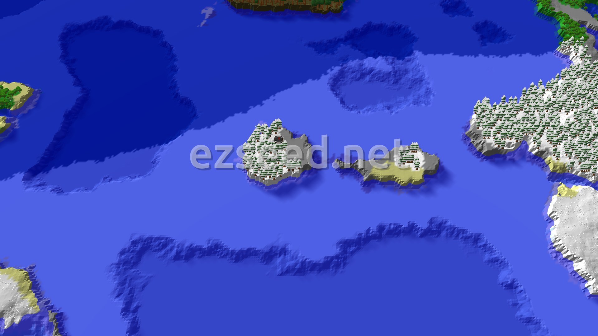 A small, snow-covered island with a few trees, surrounded by vast blue ocean with an ice floe nearby.