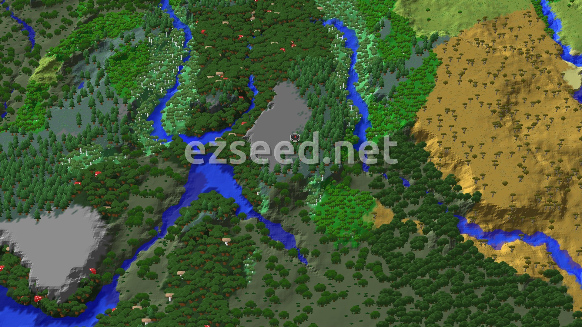 A 3D fly-over of a varied landscape, showing dense green forests, winding blue rivers, patches of grey windswept hills, and a large golden savanna biome with scattered trees to the east.