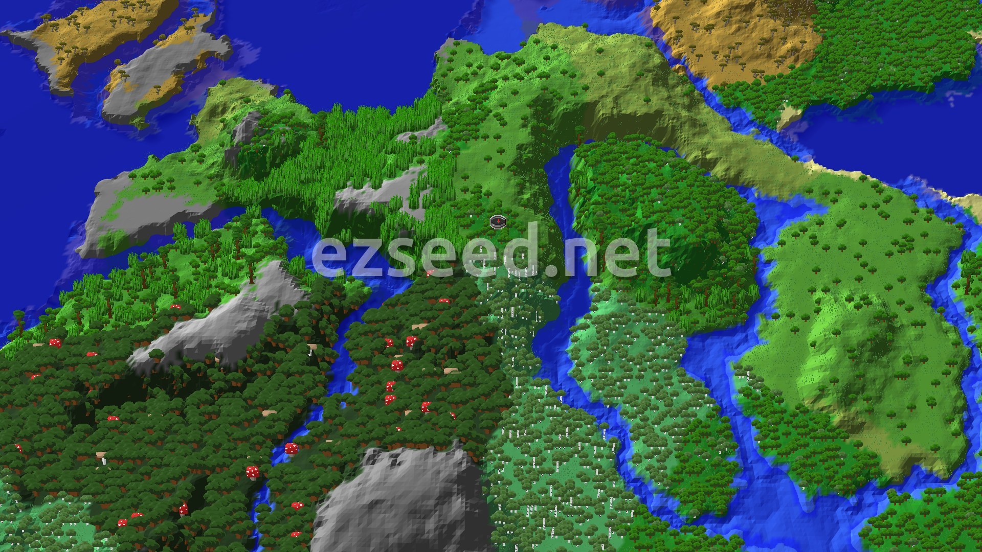 An aerial view of a varied landscape, featuring dense forests, a river winding through, and some open grassy plains.