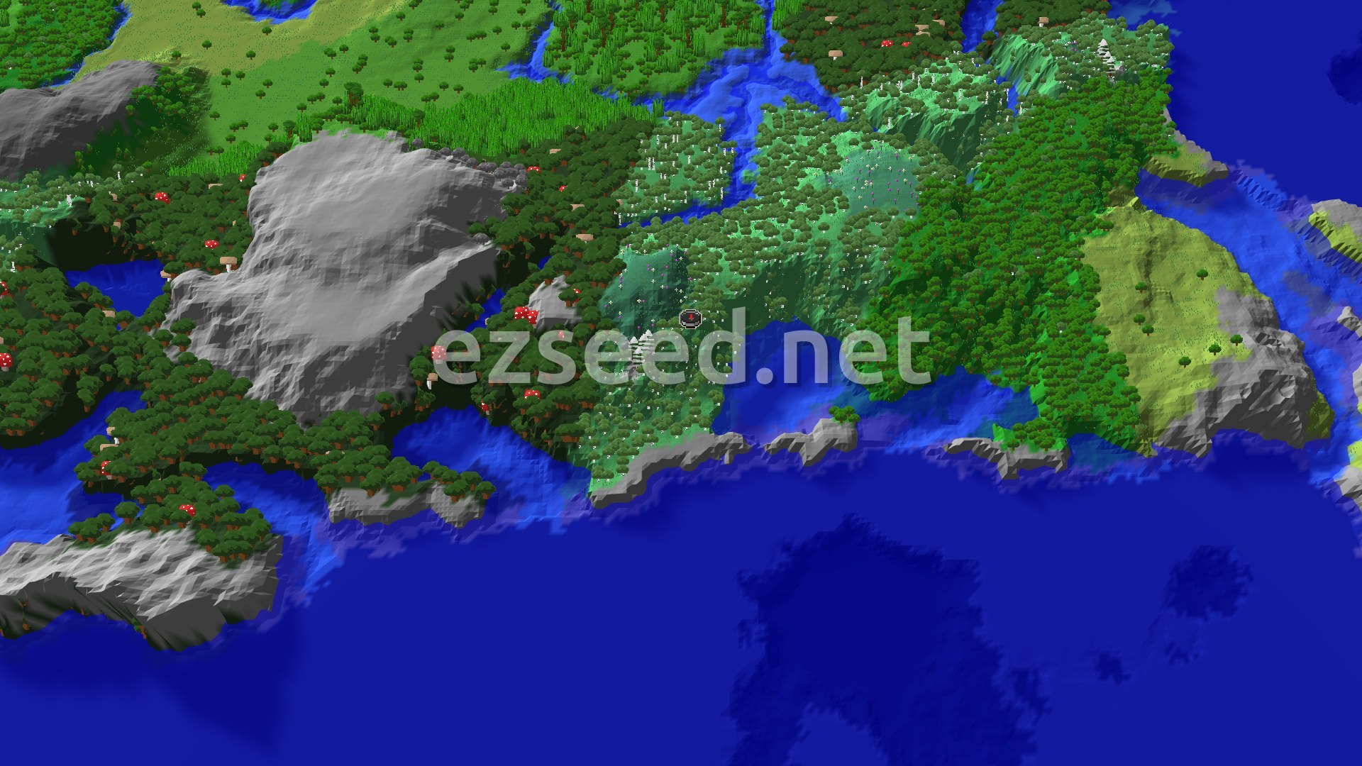 An overhead 3D view of a varied landscape, showing a large birch forest surrounding the spawn point, with rivers, oceans, and darker forests stretching into the distance. Gentle hills and some mountainous terrain are visible.