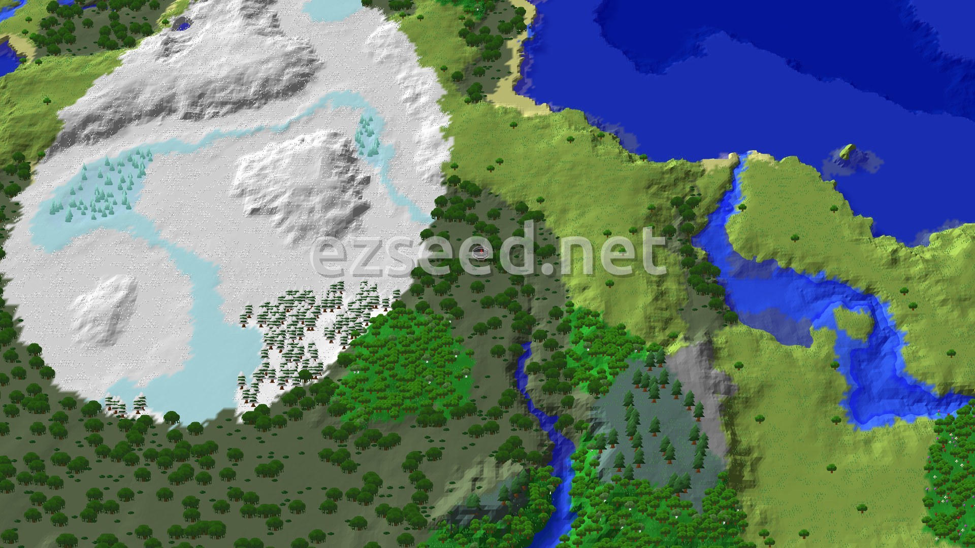 A swampy forest with a small lake and rolling hills under a clear sky.